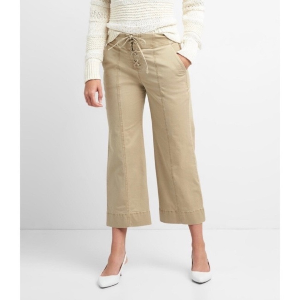 GAP Khaki High Rise Lace Up Wide Leg Cropped Pants Neutral Spring Summer